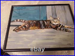 Vintage Cat Portrait Oil on paper Carol Engelman 2003 Framed