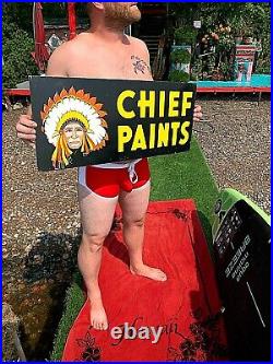 Vintage Chief Paint Paint 2sided Metal Sign 28X12 with Indian Head with Dress