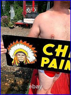 Vintage Chief Paint Paint 2sided Metal Sign 28X12 with Indian Head with Dress