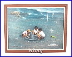 Vintage Children Playing On The Beach Oil Painting On Canvas Signed Illegible