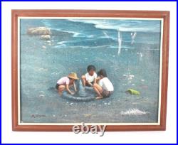 Vintage Children Playing On The Beach Oil Painting On Canvas Signed Illegible