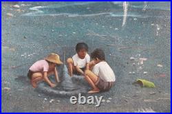 Vintage Children Playing On The Beach Oil Painting On Canvas Signed Illegible