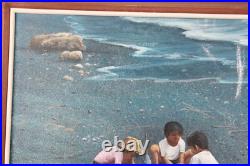Vintage Children Playing On The Beach Oil Painting On Canvas Signed Illegible