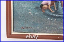 Vintage Children Playing On The Beach Oil Painting On Canvas Signed Illegible