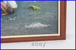 Vintage Children Playing On The Beach Oil Painting On Canvas Signed Illegible