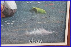 Vintage Children Playing On The Beach Oil Painting On Canvas Signed Illegible