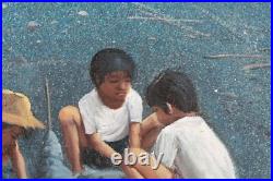 Vintage Children Playing On The Beach Oil Painting On Canvas Signed Illegible
