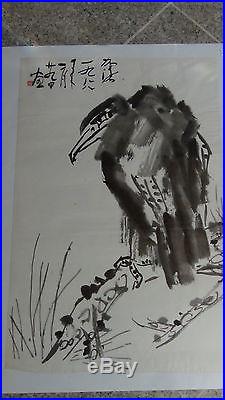 Vintage Chinese After Qi Baishi Ink& Watercolor Paintingeagle On Tree, Signed