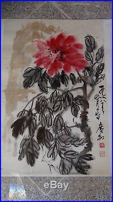 Vintage Chinese After Qi Baishi Watercolor Painting Peony Flowers, Signed