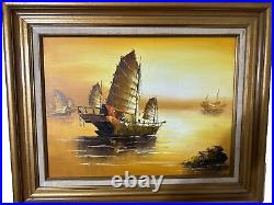 Vintage Chinese Boat Orange Sunset Oil Painting