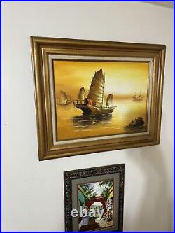Vintage Chinese Boat Orange Sunset Oil Painting