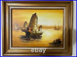 Vintage Chinese Boat Orange Sunset Oil Painting
