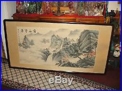 Vintage Chinese Or Japanese Painting Of Trees Water Clouds-6'Long-Signed Stamp