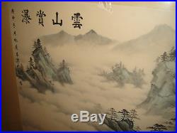 Vintage Chinese Or Japanese Painting Of Trees Water Clouds-6'Long-Signed Stamp