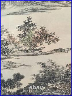 Vintage Chinese Painting Scroll River Harbor in Autumn 50 H Artist signed