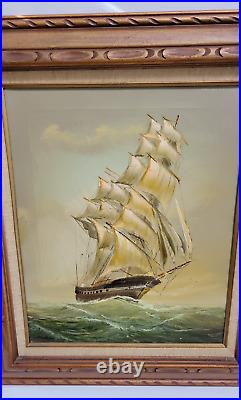 Vintage Clipper Ship Ocean Nautical Oil Painting on Canvas, Framed, Signed