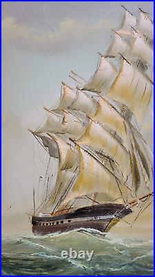 Vintage Clipper Ship Ocean Nautical Oil Painting on Canvas, Framed, Signed