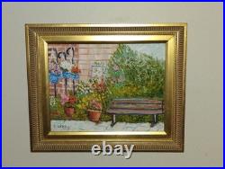 Vintage Colorful Impressionist Painting Flower Garden & bench Signed Silvano