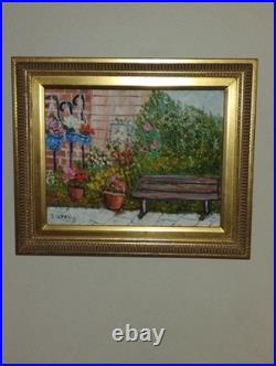 Vintage Colorful Impressionist Painting Flower Garden & bench Signed Silvano