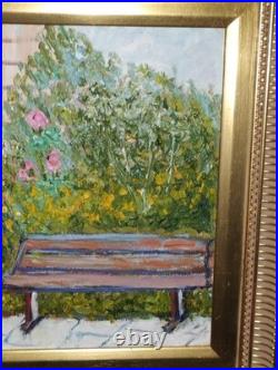 Vintage Colorful Impressionist Painting Flower Garden & bench Signed Silvano