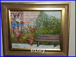 Vintage Colorful Impressionist Painting Flower Garden & bench Signed Silvano