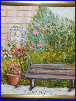 Vintage Colorful Impressionist Painting Flower Garden & bench Signed Silvano