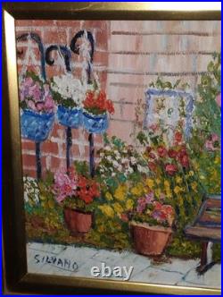Vintage Colorful Impressionist Painting Flower Garden & bench Signed Silvano
