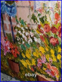 Vintage Colorful Impressionist Painting Flower Garden & bench Signed Silvano