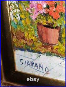 Vintage Colorful Impressionist Painting Flower Garden & bench Signed Silvano