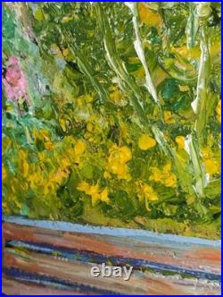 Vintage Colorful Impressionist Painting Flower Garden & bench Signed Silvano