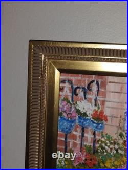 Vintage Colorful Impressionist Painting Flower Garden & bench Signed Silvano