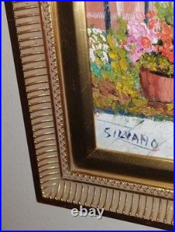 Vintage Colorful Impressionist Painting Flower Garden & bench Signed Silvano