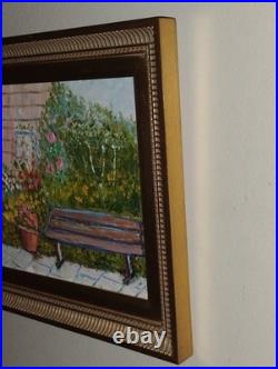 Vintage Colorful Impressionist Painting Flower Garden & bench Signed Silvano