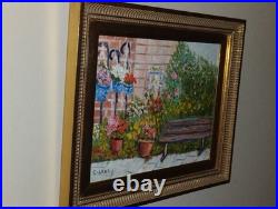 Vintage Colorful Impressionist Painting Flower Garden & bench Signed Silvano