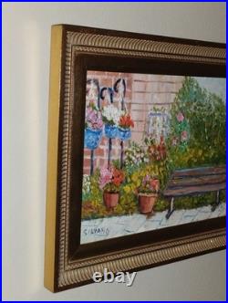 Vintage Colorful Impressionist Painting Flower Garden & bench Signed Silvano