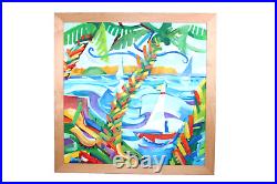 Vintage Colorful Seascape Island Oil Painting Signed
