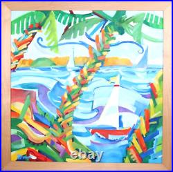 Vintage Colorful Seascape Island Oil Painting Signed