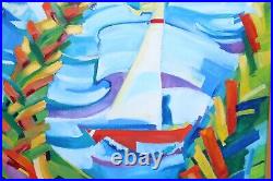 Vintage Colorful Seascape Island Oil Painting Signed