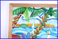 Vintage Colorful Seascape Island Oil Painting Signed