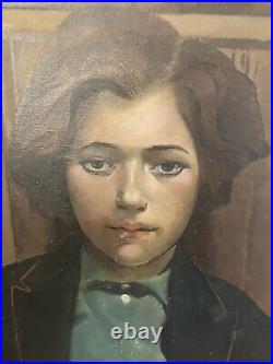 Vintage Creepy Oil Painting Portrait Girl 22.5 x 19.5 Signed