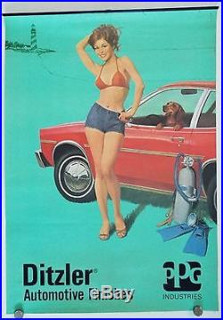 Vintage Ditzler Paint Advertising Poster Beautiful Woman with Car Dog Scuba Gear