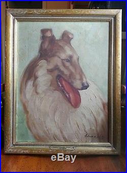 Vintage Dog Painting Signed Oil on Canvas A. K. C. Collie JOHNSON'S BIG GOLD