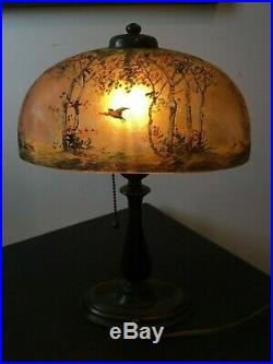 Vintage Double-Signed Handel Birds In Flight Reverse-Painted Boudoir Table Lamp
