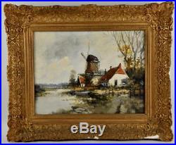 Vintage Dutch Painting Oil on Canvas Holland Scene withWindmill by J. Vos c. 1970s