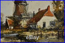 Vintage Dutch Painting Oil on Canvas Holland Scene withWindmill by J. Vos c. 1970s