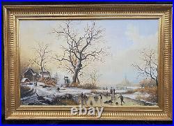 Vintage Dutch Winter Scene Painting On Panel Signed