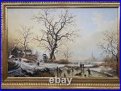 Vintage Dutch Winter Scene Painting On Panel Signed