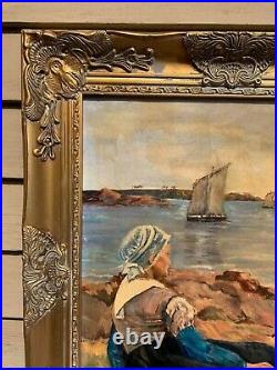 Vintage Dutch oil painting on canvas, Seascape, Harbor view, Signed, Framed