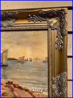 Vintage Dutch oil painting on canvas, Seascape, Harbor view, Signed, Framed