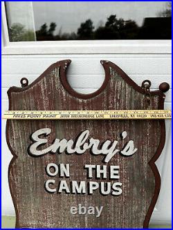 Vintage EMBRY'S On the Campus Store Double Sided Hand Painted Sign Lexington KY